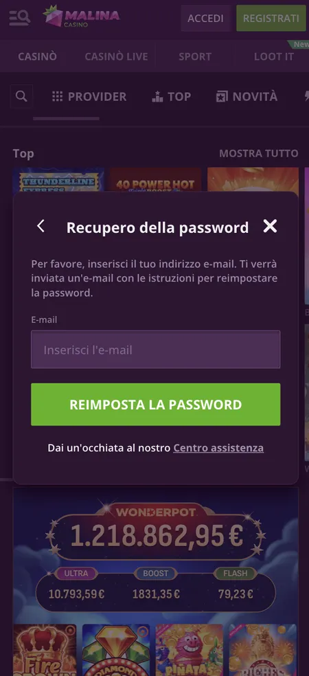 Form recupero password Malina Casino