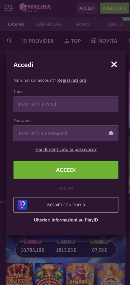 Schermata di login Malina Casino con campi email e password