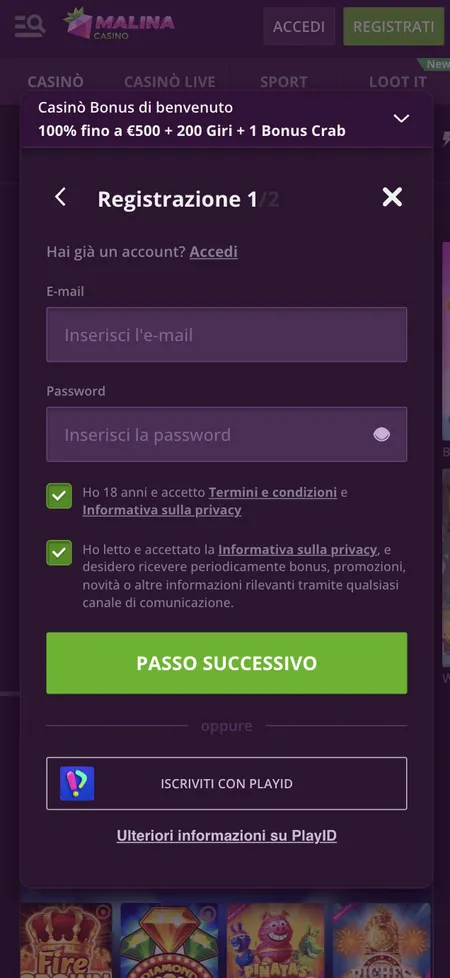 Modulo di registrazione Malina Casino passo 1